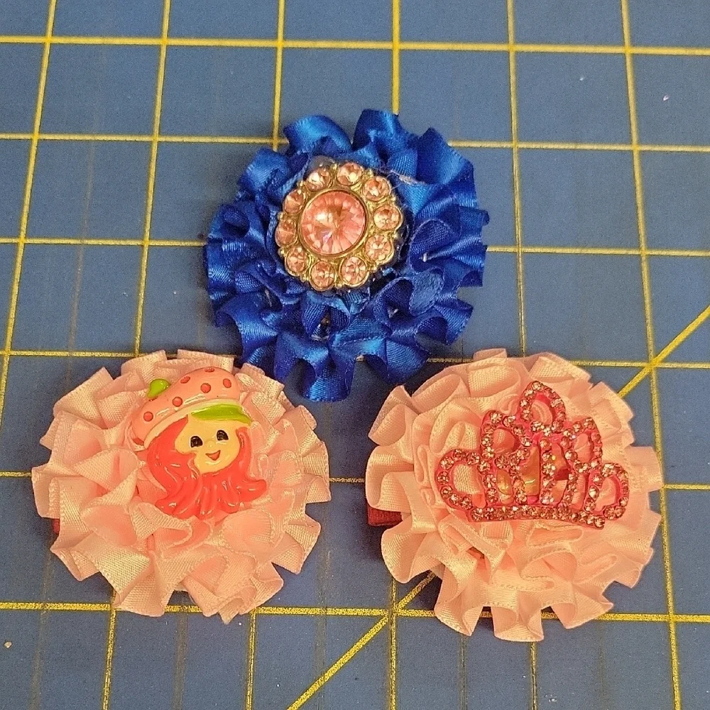Bundle of 3 Pink Blue Ribbon Crown Strawberry Shortcake Pink Rhinestone Clips